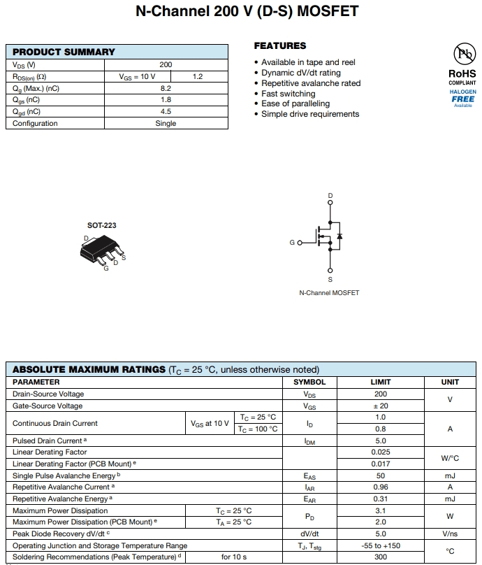 IRFL210TRPBF參數(shù) IRFL210TRPBF參數(shù)