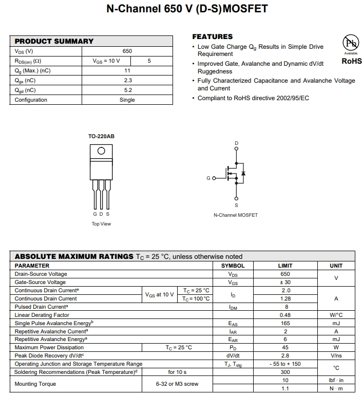 2N65 TO252參數(shù)